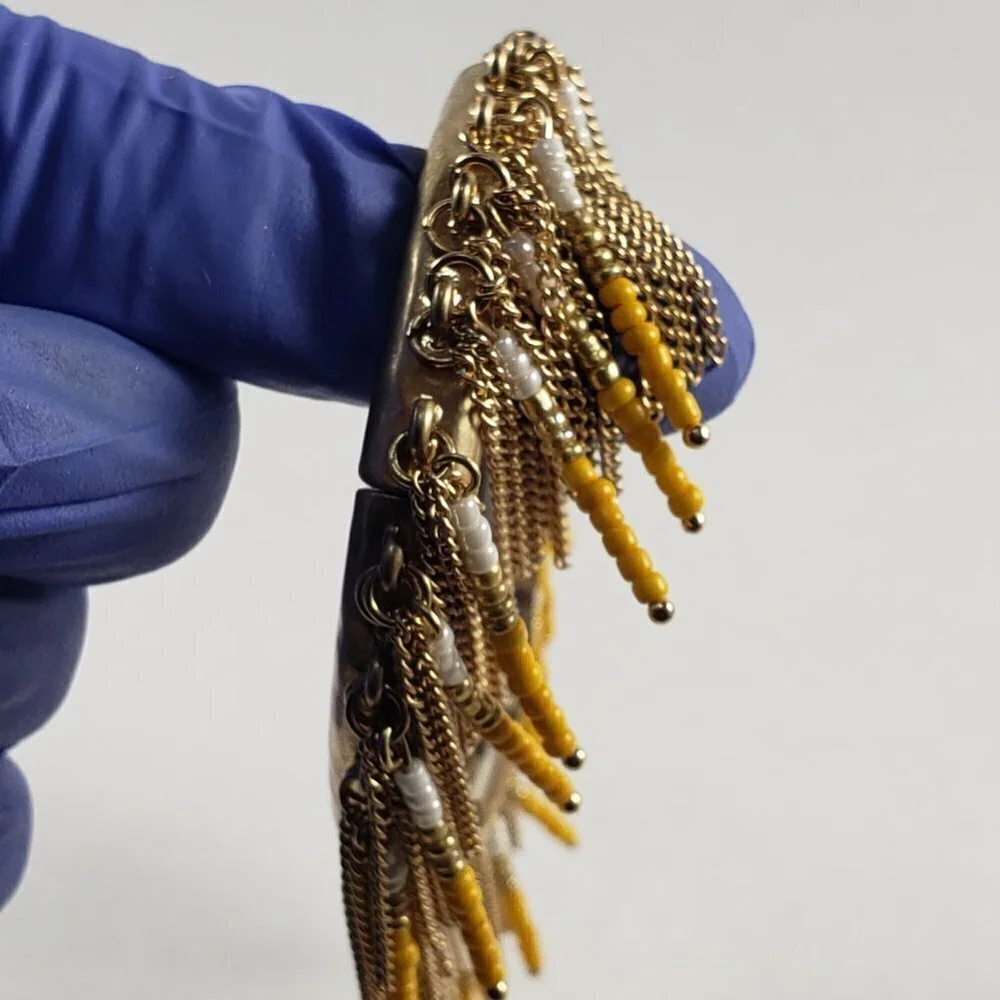 Boho Gold Tone Stretch Bracelet Yellow & White Beaded Fringe – Statement Jewelry